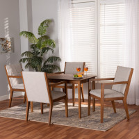 Baxton Studio BBT5390-Greyish Beige/Walnut-5PC Dining Set Theresa Mid-Century Modern Greyish Beige Fabric Upholstered and Walnut Brown Finished Wood 5-Piece Dining Setr